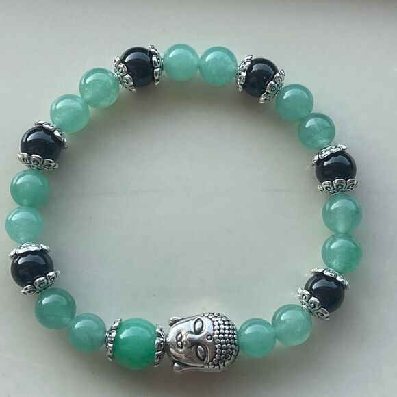 Green aventurine jade obsidian Buddha ONE stretch beaded bracelet NEW reiki medi - Picture 6 of 10